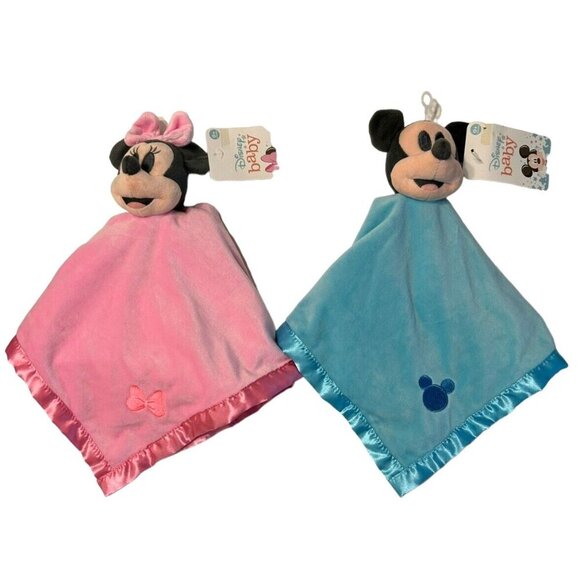 2 Disney Mickey Minnie Mouse Lovey Security Blanket Blue Pink Satin Edge 15" NWT - Picture 1 of 11